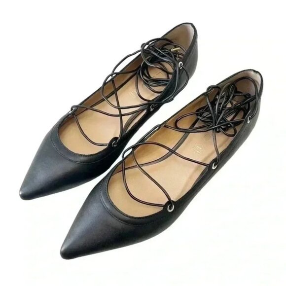 Aldo Alize Black Leather Ballet Flats Pointy Toe Lace Up Ankle Ties Size 7.5 - Picture 7 of 16